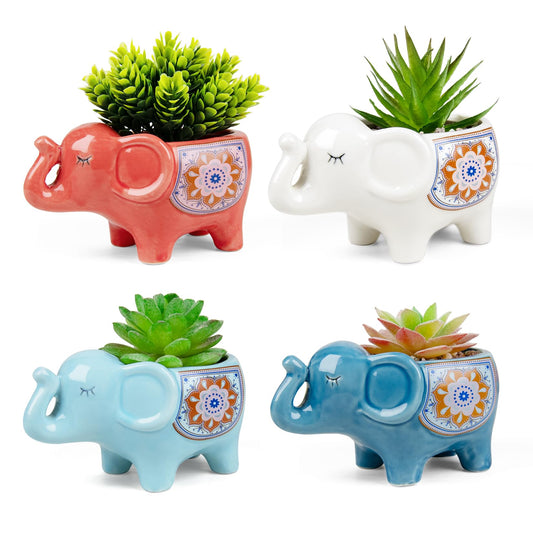 YINUOWEI Elephant Planter Cartoon Succulent Pots with Drainage 5.31 Inch Animal Planter Cute Plant Pots Succulent Planter Container Ceramic Flower Pots Perfect for Home Decor and Gifts, Set of 4
