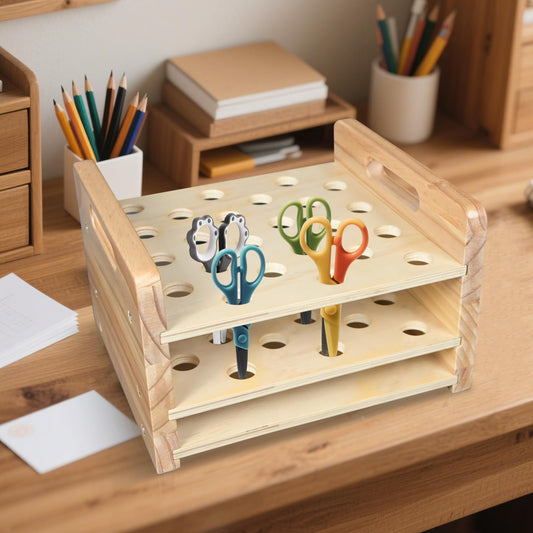 Kuabiz Wooden Scissor Holder Scissors Storage Rack 24 Holes Natural Wood Scissor Organizer Stand Eyebrow Pen Holder Display Stand Makeup Brush Rack Desk Organizer for Classroom Office Barber Shop Home