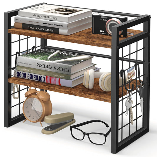 ELITEROO Desktop Shelf Organizer, 2 Tier Wood Desk Bookshelf, Desk Top Storage Rack for Office, Dorm, or Bedroom Decor, Small Tabletop Shelf for Books, Plants & Accessories, Rustic Brown