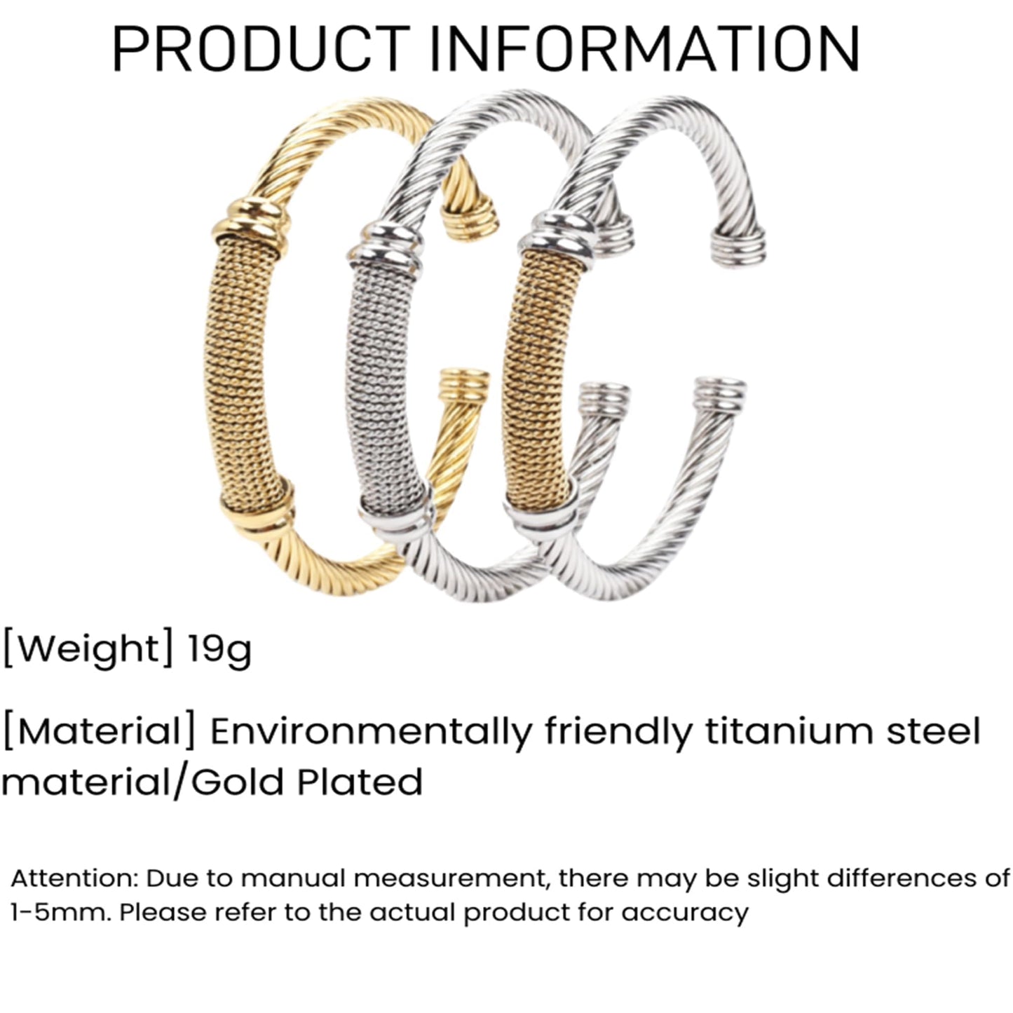 MENGSHA Punk Silver & Gold Twisted Cable Cuff Bracelet for Men/Women Durable Stainless Steel Chunky Bangle Bracelet Adjustable Opening,Daily Wear & Outdoor Adventure Unisex Jewelry Gift for Him/Her