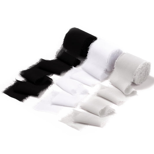 DORIS HOME 2" x21Yd Chiffon Ribbon for Flower Bouquet, Black & White Fabric Ribbon for Gift Wrapping, Handmade Frayed Ribbon for Wedding Christmas Decorations