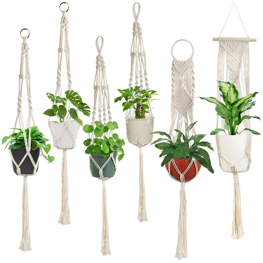 Laerjin Macrame Plant Hangers, Set of 6 Handmade Hanging Plant Holder Basket Stand Decorative Flower Pot Holder - Cotton Rope, 4 Legs, 4 Types