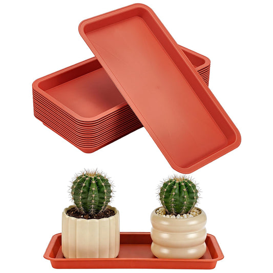 INTERWARM 16 Pack Rectangular Plastic Plant Saucers Tray Bulk, 13x6.7Inch Large Plastic Plant Drip Trays Flower Pot Drip Trays for Indoor and Outdoor No Holes Window Shelf, Indian Red