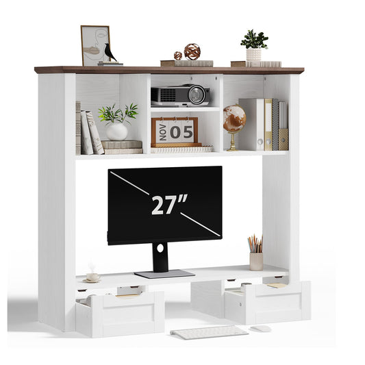 Homiflex Desk Shelf with Computer Monitor Stand, 37.4''W Desktop Bookshelf Display Rack, Desktop Organizer Storage Rack with Cubbies & Drawers, 5-Tier Hutch for Home, Office, Dorm, Vanity, White&Brown