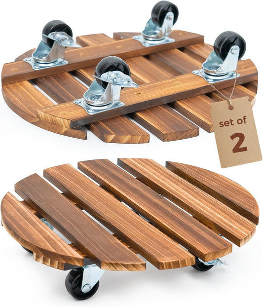 Bamworld14 Inch Wood Plant Caddy with Wheels – Heavy-Duty Plant Dolly with 240 Lbs Capacity, 360° Lockable Wheels for Large Plant Pots, Heavy Objects, Ideal for Indoor and Outdoor Use 2-Pack