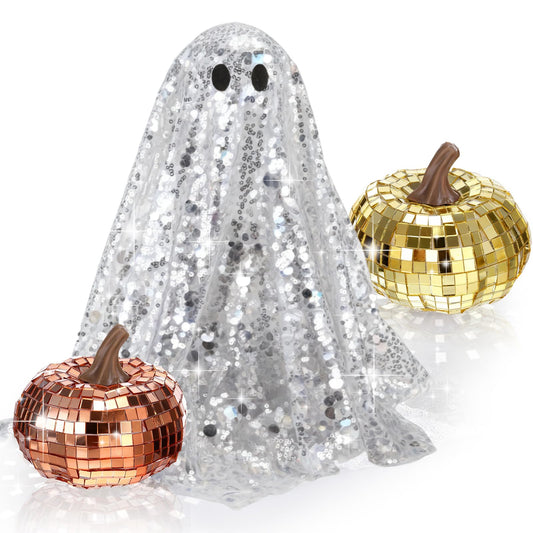 Amyhill 3 Pcs Halloween Disco Ghost Decor and Disco Pumpkin, Glitter Mirror Pumpkin Craft 9.45 Inches Large Discos Ball Ghost Table Centerpiece for Party Gift(Orange,Yellow,2.7 Inch, 3 Inch)