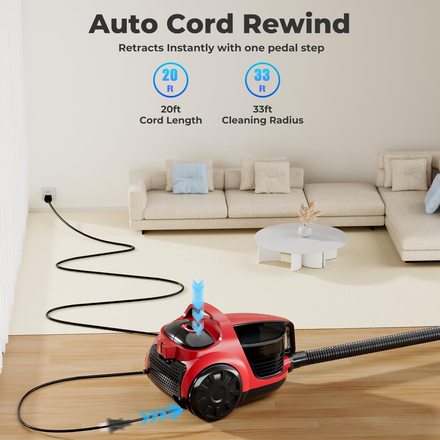 1600W Canister Vacuum Cleaner, Bagless Vacuum Cleaner with 45kPa Strong Suction, 4L Large Dust Cup, Variable Speed Control, 5 Tools, Lightweight Canister Vacuum for Home, Pet, Carpet, Hard Floor, Red