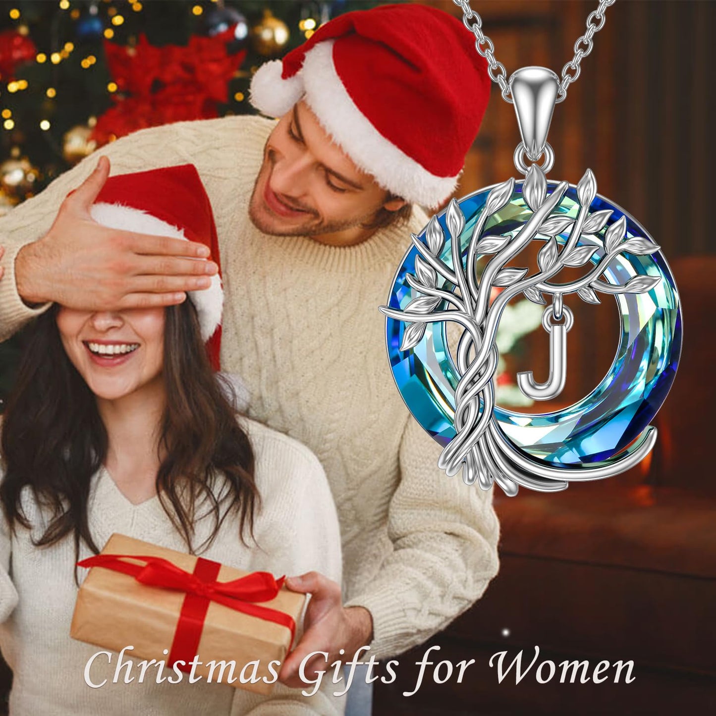 TOUPOP Tree of Life Initial Necklace Gifts for Women Sterling Silver Initial J Letter Jewelry Irish Crystal Pendant Birthday Gifts for Women Her Mom Wife Daughter