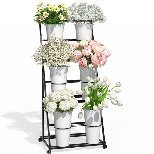 TerraKit Black Tiered Flower Display Stand with 6 Buckets, Rolling 3-Tier Floral Cart for Florists, Markets & Events, Mobile Flower Presentation Rack for Shop, Patio or Wedding Setup
