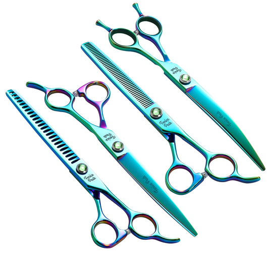Fenice Peak Green Dog Grooming Scissors Set Straight Thinning Curved and Chunker Shears 4PCS Kit with Simulated Emerald Screw 440C Trimming Shears Durable and Sharp