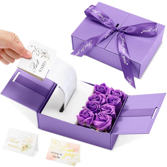 Resholder Money Pull Box for Cash Gift Mother's Day Money Pull out Gifts with 8 Rose 2 Greeting Card 1 Light String for Mom Husband Wife Birthday Anniversary Christmas(Purple)