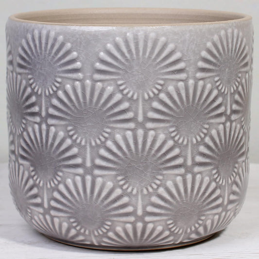 Xiaan Jiaju Modern Embossed Ceramic Pots for Plants, 6.7 Inch Nordic Plant Pots Indoor with Drainage, Contemporary Decorative Glazed Planter with Fanburst Texture, Warm Greige