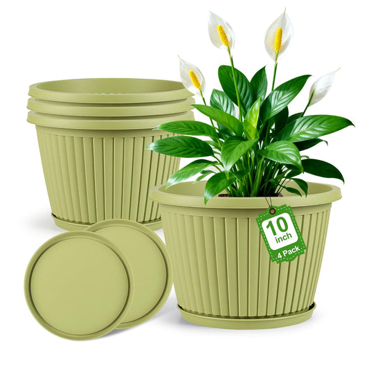 10-inch-Planters-for-Outdoor-Plant，Plastic Indoor Flower Pots with Drainage Holes & Saucer，4 Packs Decorative Garden Pots for Plant for Home Porch Decor