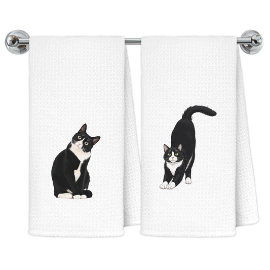 Exqcom Funny Tuxedo Cat Kitchen Towels Set of 2, Cat Lover Mom Lady Gifts Hand Towels for Bathroom Kitchen, Black and White Kitty Kitten Decorative Dish Towels Drying Cloth, 16x24 Inch Set of 2