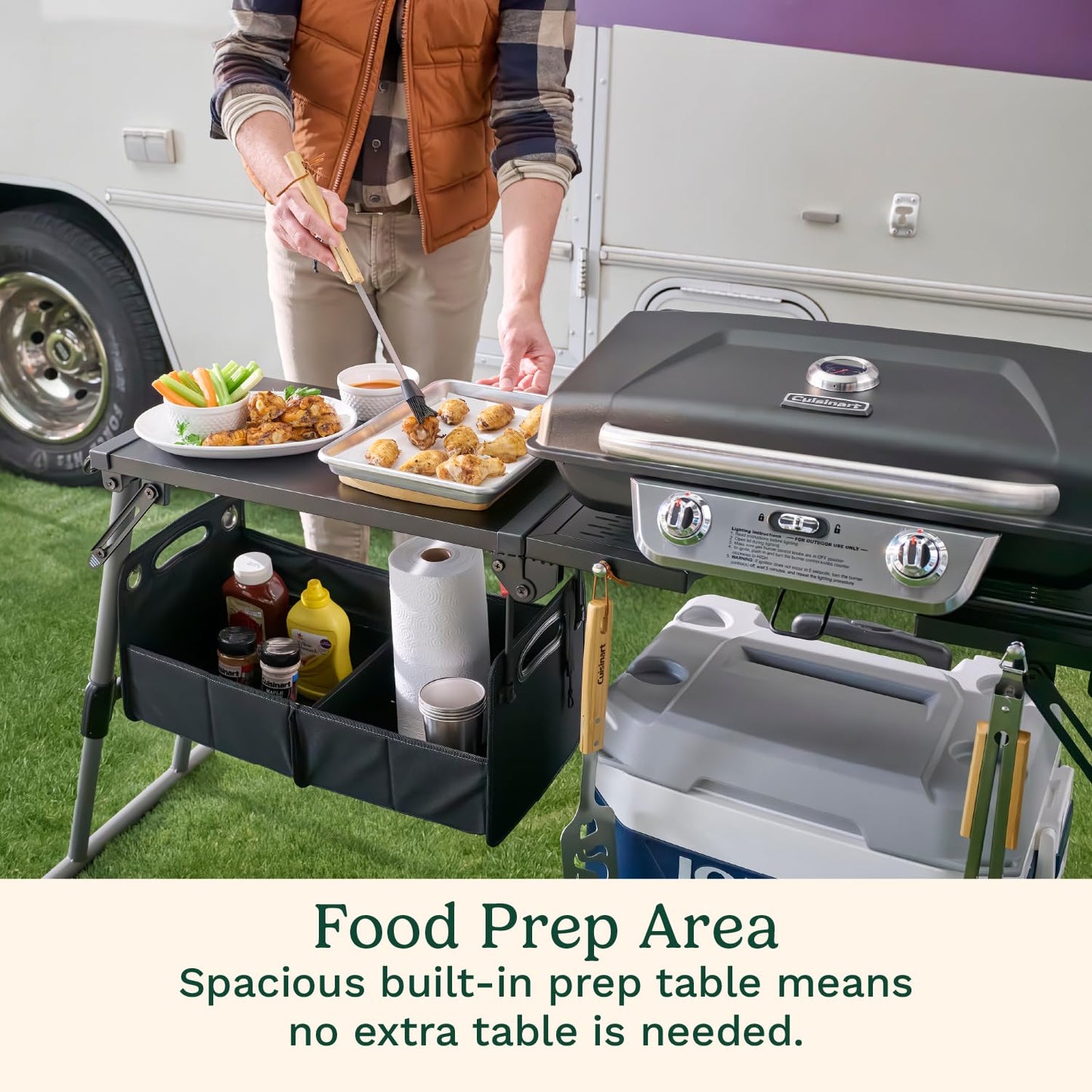 Cuisinart Prep ‘N Go Folding Gas Grill, Portable Stand-Up Propane Grill with Compact Fold and Storage Tote, Wheels and Side Table, 18,000 BTUs for Camping, Tailgating, Outdoor Cooking