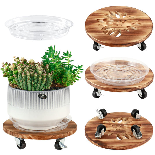4 Pack Plant Caddy with Wheels Heavy Duty 12 Inch Wooden Plant Stand with Wheels Plant Dolly Rolling Plant Stand Plant Roller with Casters for Indoor and Outdoor with 4 Pack Plant Saucers, Round