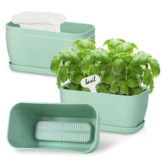 Oliz 4 Set Window Herb Planter Box Rectangular, Green Plastic Planters with Multiple Drainage Holes and Trays,Indoor Succulent Cactus Mint Flower Pot for Windowsill, Garden Balcony