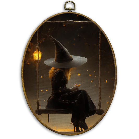CUANFDDSF Vintage Halloween Witchy Oval Wall Art Decor, Halloween Witch Wall Hanging Decor, Dark Academia Mystical Gothic Witchy Framed Canvas Prints for Home Bedroom Living Room, 8.6x11.4 Inch
