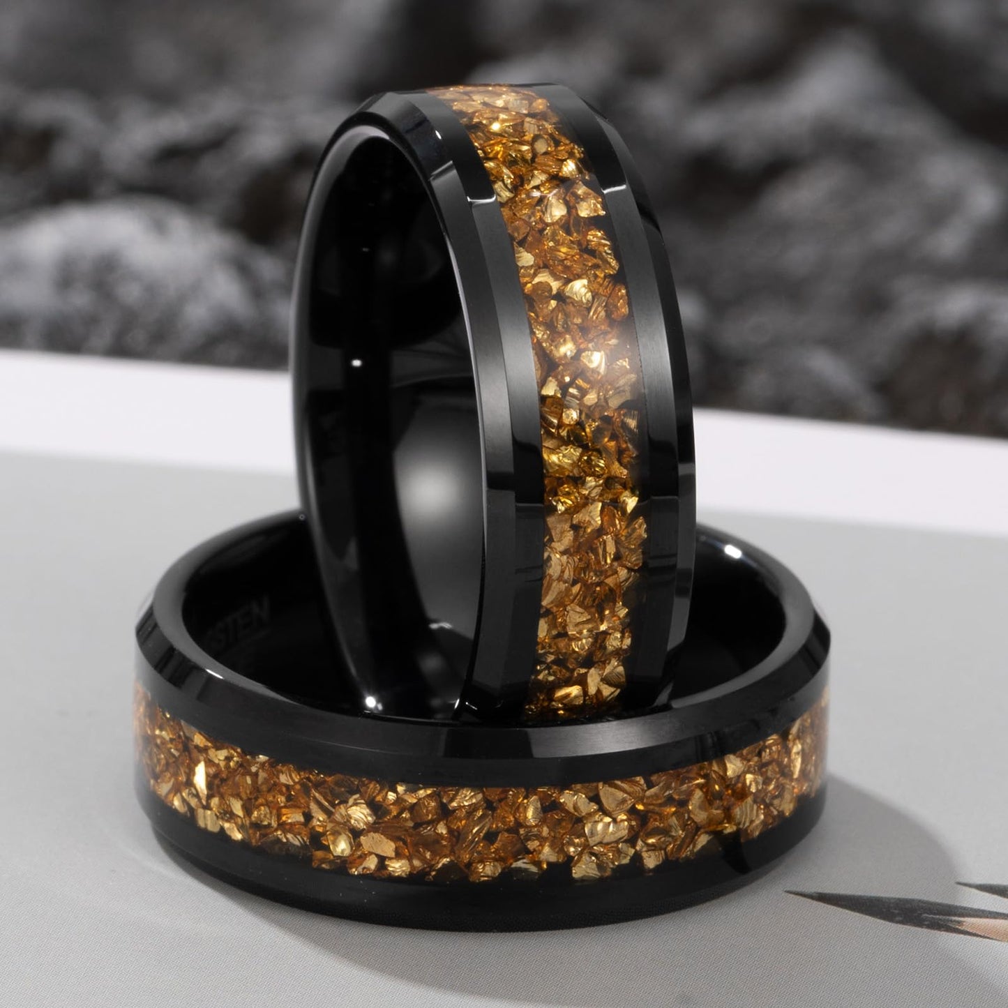 NUNCAD Men's Tungsten Rings 8mm Black Wedding Band Inlaid with Citrine Center Polished Domed Comfort Fit Size 8