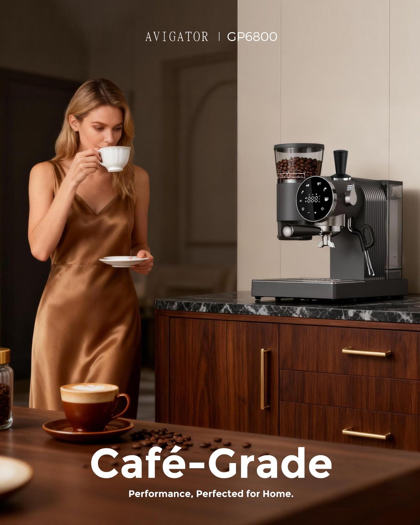 avigator 20 Bar Espresso Machine | LED Screen Touch Control | 6 Level Adjustable Grinder | Drip Coffee & Cold Brew, Milk Frother, Assisted Tamper & Built-In Accessory Storage Box | 50oz Tank