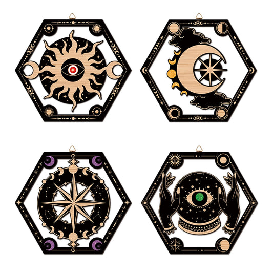 CHDITB 4Pcs Wooden Witchy Sun Moon Star Tarot Wall Art, Mystical Wizards Celestial Laser Cut Hollow Artwork Hanging Sign, Moody Boho Gothic Astrology Aesthetic Home Decor for Bedroom Living Room(10"x9")