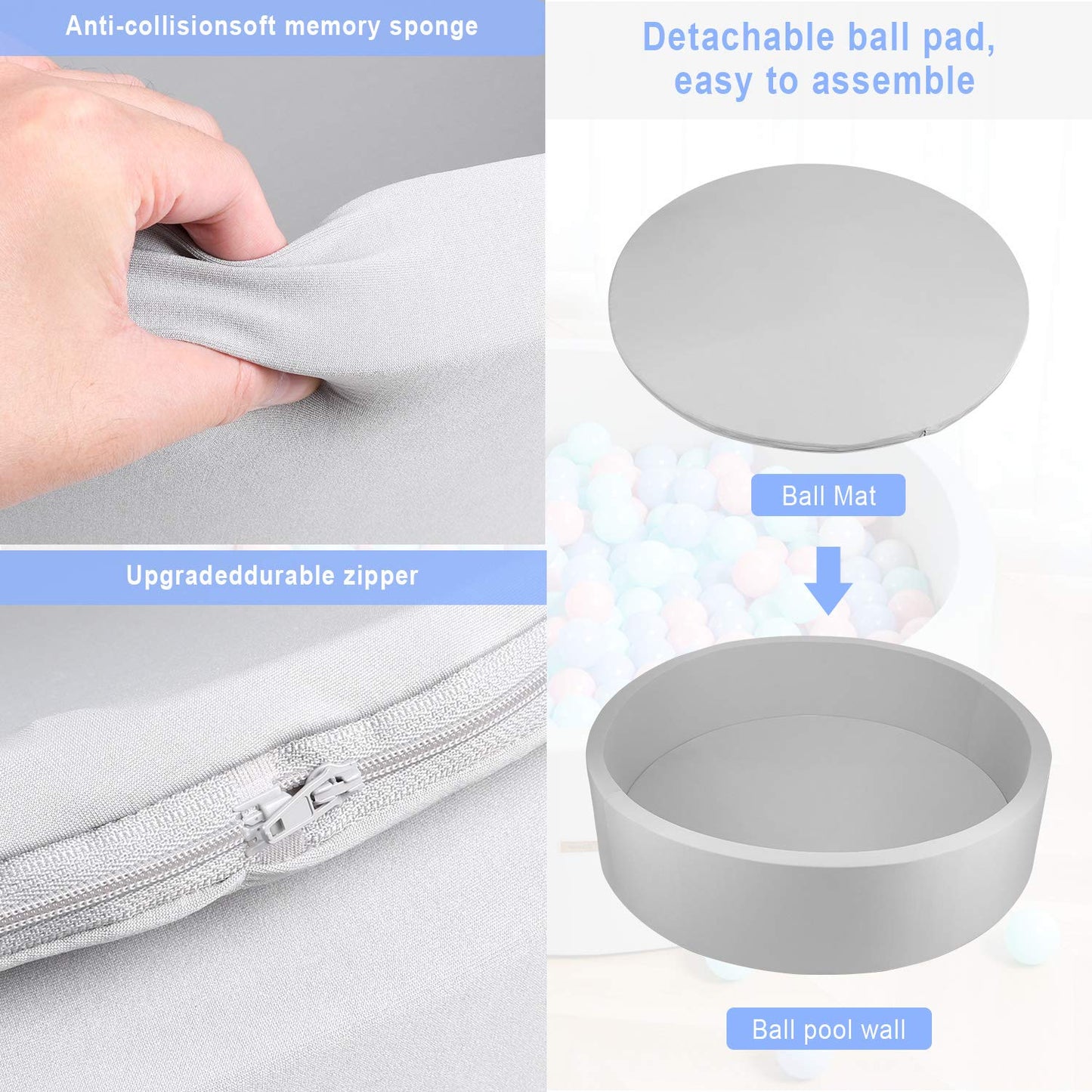 TRENDBOX Extra Large Soft Foam Ball Pit 51.2" x 11.8" (NO Balls) in Large Sponge Round Ball Pool Indoor Round Ball Pits Children Toddler Playpen - Light Gray