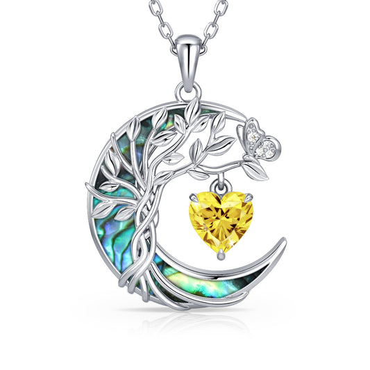 Distance Tree of Life Birthstone Necklace for Women, S925 Sterling Silver Premium Abalone Shell Moon Pendant November Heart Birthstone Necklace, Citrine Jewelry Christmas Birthday Gifts for Her Wife