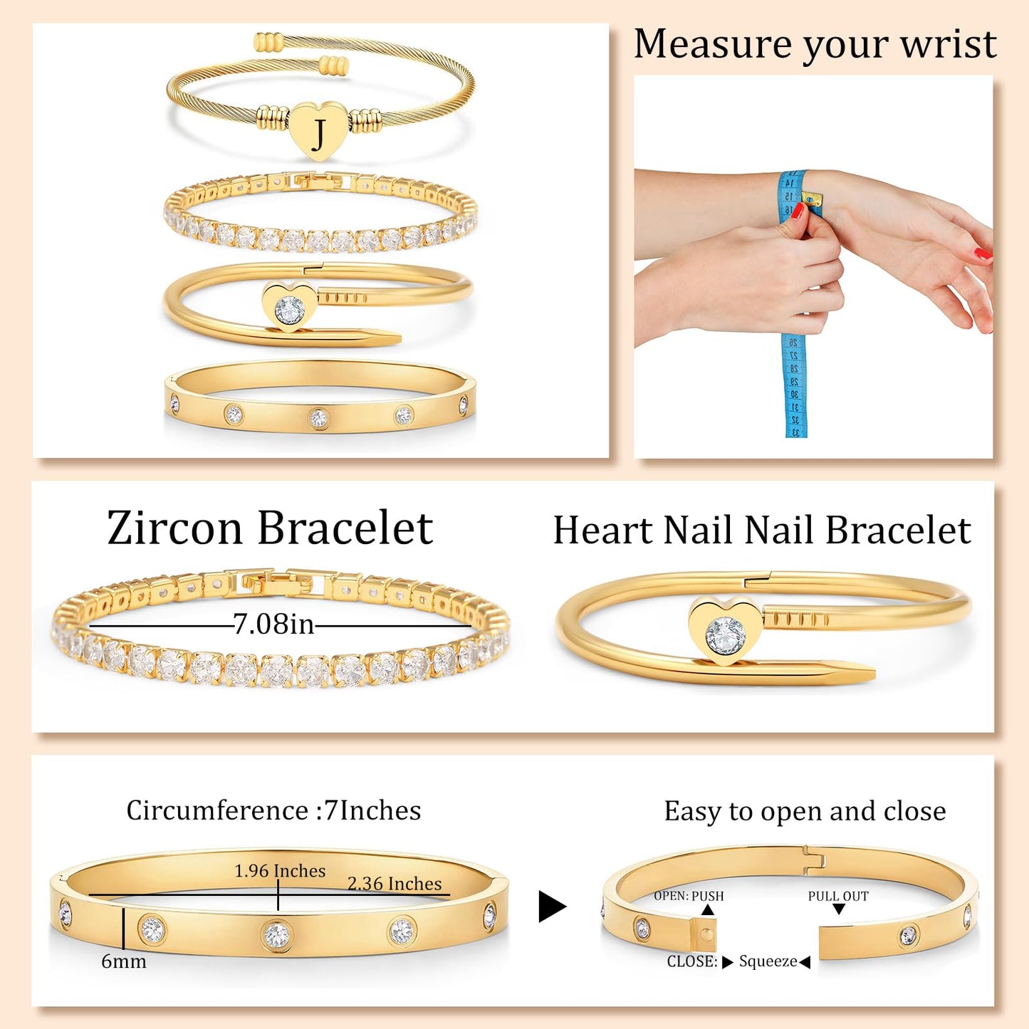 MEIERYA18K Gold Plated Nail love Bangle Bracelet Set for Women,Cubic Zirconia,Adjustable tennis bracelet Trendy Gift Jewelry for Mother's Day Anniversary (08-Style-J)