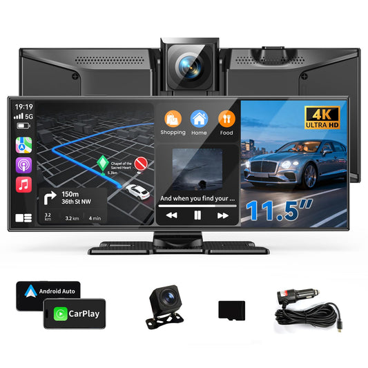 11.5" Largest Wireless Carplay Screen for Car, Portable Apple Carplay & Android Auto Touch Screen, 4K Dash Cam/App Control/1080p Backup Camera/Mirror Link/Voice Control/GPS/Bluetooth,for All Vehicles