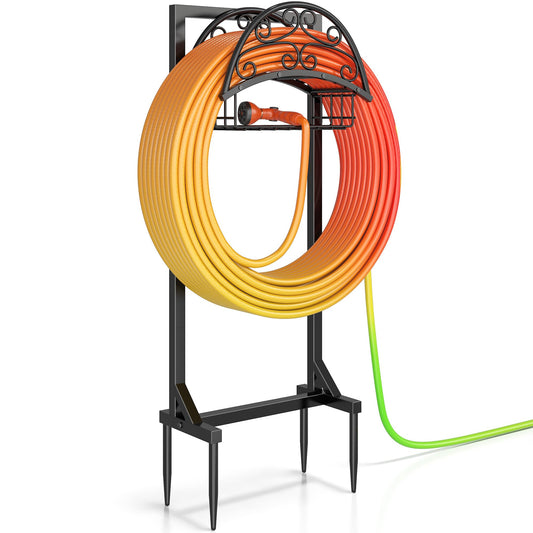 Silvonte Garden Hose Holder – Freestanding Water Hose Stand with Storage Basket, Sturdy Metal Hanger Heavy-Duty Garden Storage Rack for Outside, Supports 151FT