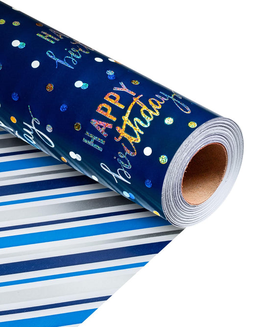 MAYPLUSS Birthday Wrapping Paper Roll, Blue Metallic Holographic Happy Birthday Wrapping Paper Featuring Revesible Stripe Gift Wrap Paper for Boys Kids Girls Men, 17 Inches x 33 Feet