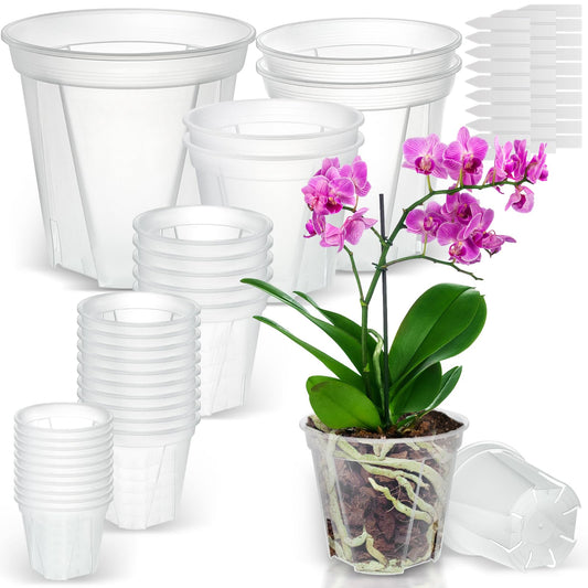 Clear Nursery Pots with Drainage, 30 Pack Transparent Plastic Orchid Planters, 6 Sizes Plant Pots 9.5/8.5/7/6/4.7/4 Inch with 30 Plant Labels for Seedlings, Succulents, Indoor/Outdoor Repotting