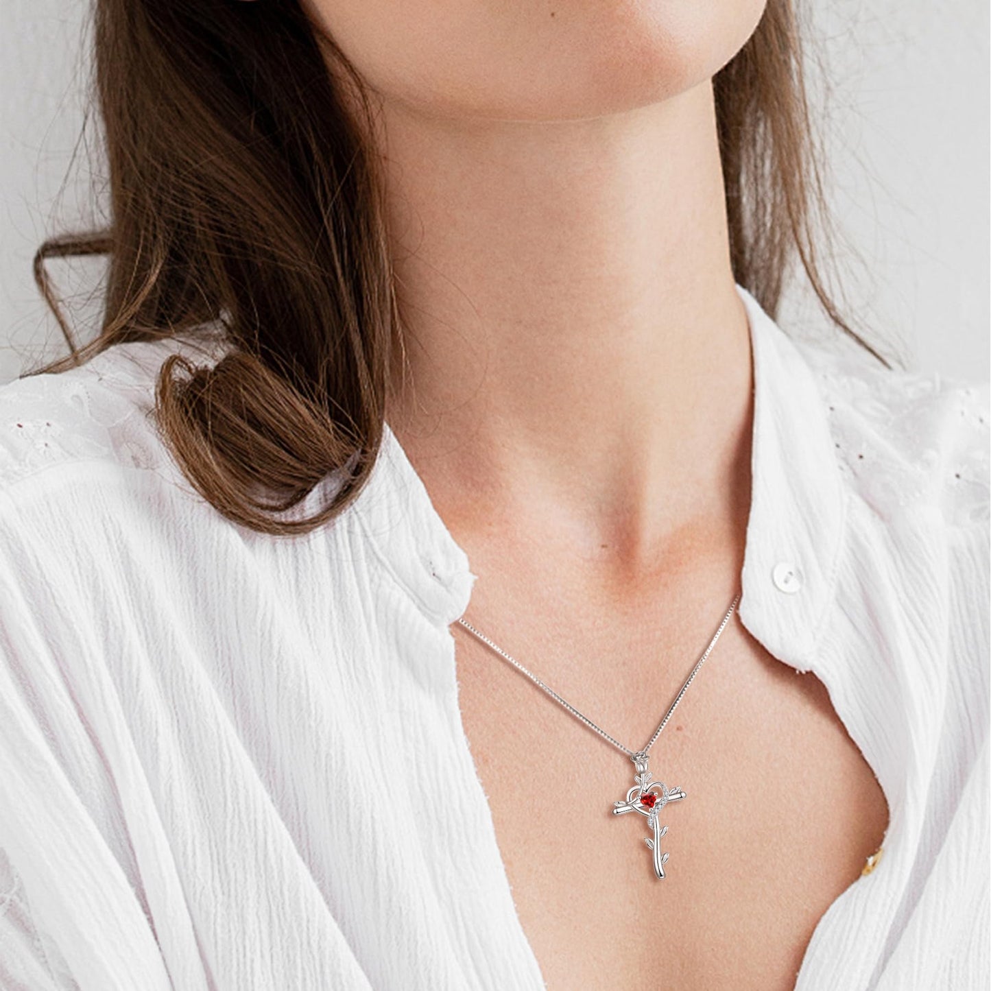 STARCHENIE Rose Cross Necklace 925 Sterling Silver Heart Crucifix Pendant Created Garnet Jewelry for Women
