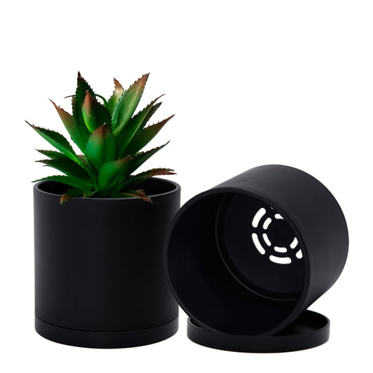 D'vine Dev 2 Pack 4 Inch Modern Plastic Plant Pots, Small Garden Planters for Plant with Drainage Holes and Saucers, Black Color, 74-Y-E-1