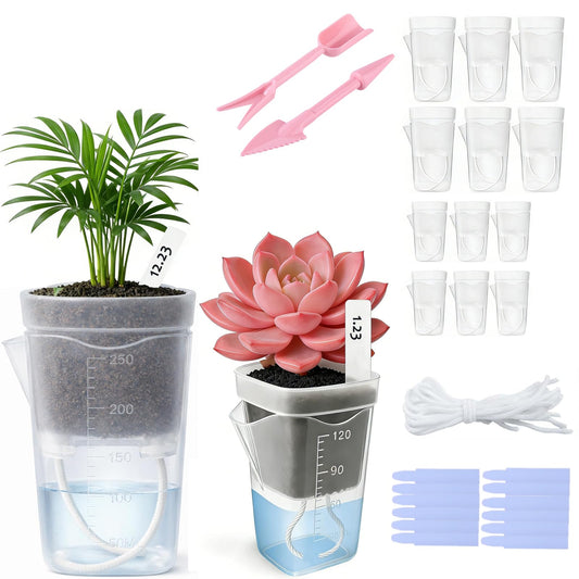 emciba 12 Pack 2.5"/2" Mini Clear Self Watering Pots for Indoor Plants with 2 pcs Transplanting Tool, Small Plastic Propagation Pots for Plants, Water Level Indicator,Drainage Hole,12 Plant Labels