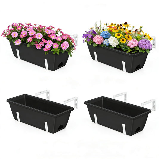 OYEAL Railing Planter Box Outdoor 4 Pack Hanging Balcony Planters 17 Inch Window Boxes Planter with Adjustable Brackets Plastic Flower Pots for Garden Deck Porch Railing Balcony Fence, Black & White