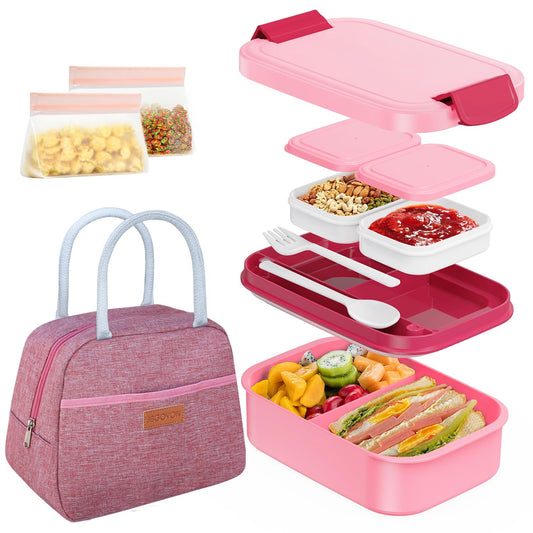 JBGOYON Bento Box and Lunch Bag Set, Leak-Proof Lunch Box for Adults and Kids with Built-in Utensils, Insulated for Work School Travel, Microwave & Dishwasher Safe, All-in-One (Pink)