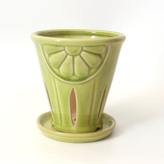 Gniliny Ceramic Orchid Pot with Slotted Holes, 5.39 Inch Crackle Glaze Apple Green Planter with Daisy Relief & Tray, Breathable Vertical Slotted Orchid Container for Repotting