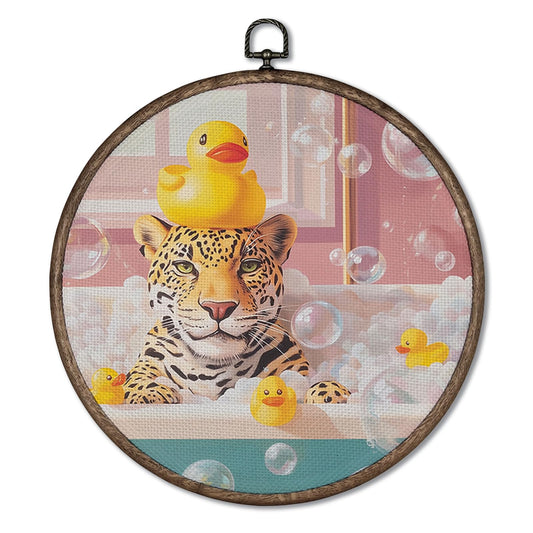 Giosve Funny Leopard Bathroom Round Wall Art Canvas Framed Poster, Retro Trendy Whimsical Cheetah in Bathtub Hanging Wall Sculptures for Bathroom Washroom Restroom Decor, 10x10 Inch YH546-YGH01