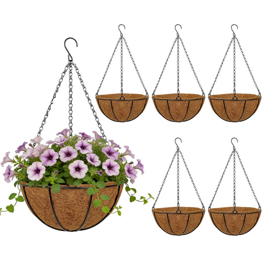 10 Inch Metal Hanging Basket with Coco Coir Liner for Flowers Planting, 6 Pack Hanging Baskets for Plants Outdoor, Round Wire Planters with Chain for Home Patio Porch Balcony Garden Decor