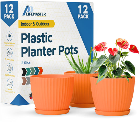Yellow 6-Inch Plant Pots with Drainage & Saucers 12 Pack, Indoor & Outdoor Planters for Houseplants, Herbs, and Flowers, Durable & Weatherproof Material, Stackable, Lightweight, Minimalist Design