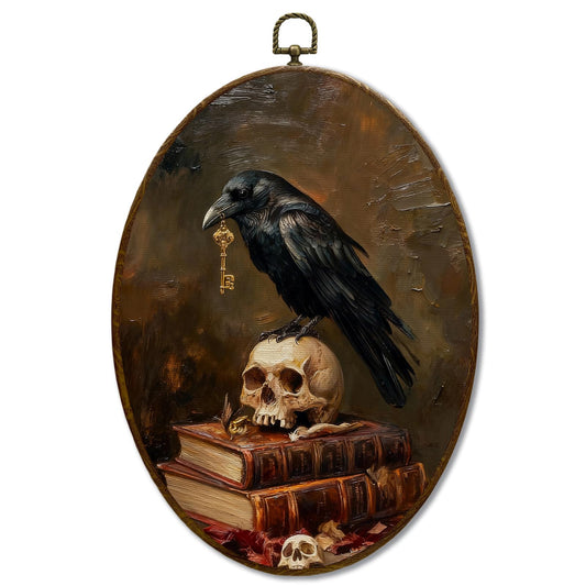 JQF Vintage Gothic Crow on Skull Book Oval Wall Decor, Dark Academia Bookish Oval Canvas Wall Art, Moody Aesthetic Skull Framed Prints Hanging Decor for Home Library Reading Room, 8.5x11.5 Inch