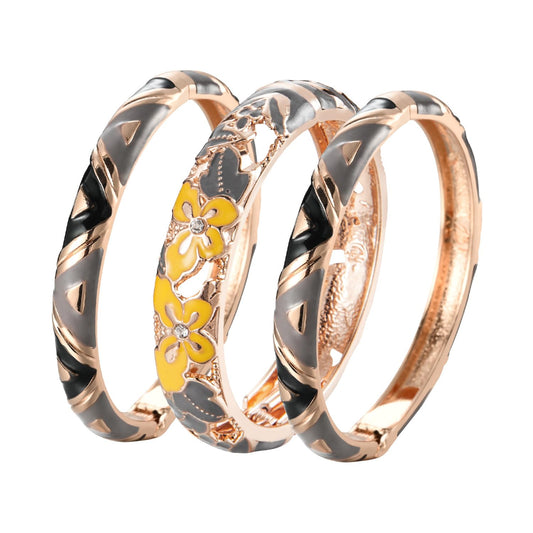 UJOY Vintage Jewelry Cloisonne Handcrafted Enameled Gorgeous Rhinestone Butterfly Gold Hinged Cuff Bracelet Bangles Gifts 88A09-3PCS grey