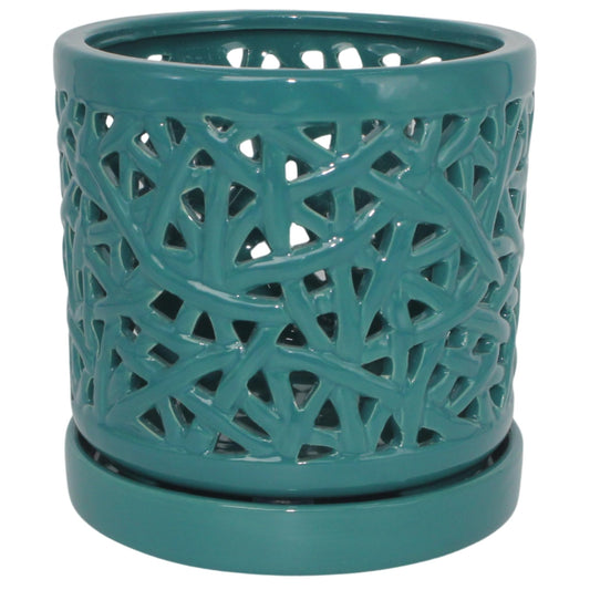 DESQUIGGLE Green Large Ceramic Orchid Pot with Holes, 6 Inches Wide, for Indoors or Outdoors with Woven String Cut Out Design, Orchid Planters, Orchid Gifts