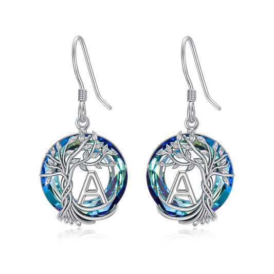 TOUPOP Tree of Life Initial Earrings Sterling Silver Initial A Letter Drop Dangle Earrings Blue Circle Crystal Family Tree Jewelry Birthday Mothers Day Gifts for Women Mom Her