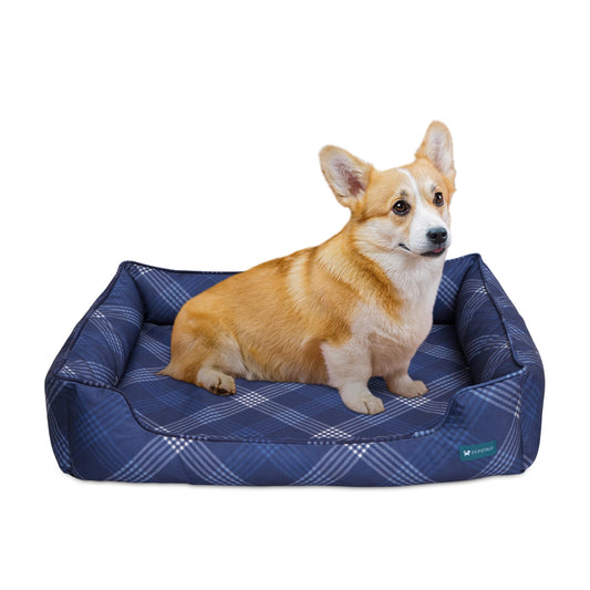 Pupstilo Orthopedic Bolster Dog Bed – CertiPUR-US Foam, Recycled Polyester Canvas, Washable Cover, Anti-Slip Bottom, Large, Navy Plaid – Stylish Designer Dog Sofa