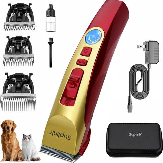 Dog Clippers for Grooming Thick Heavy Coats, Professional 2-Speed Pet Hair Trimmers, Cordless Rechargeable Dog Grooming Kit with 4 Interchangeable Stainless Steel Blades (1/3/6/9mm), Low Noise Shaver