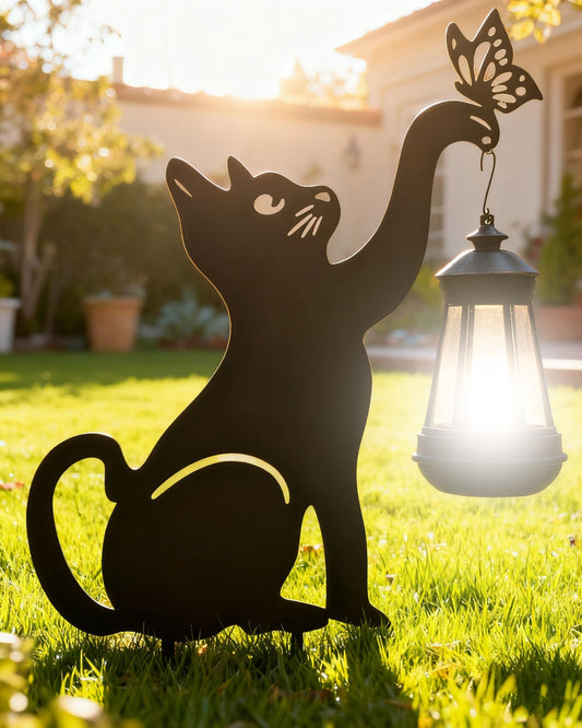 Black Cat Solar Lights Outdoor - Cat Lover Gifts for Mom Woman Grandma,Garden Decor with Butterfly Decorative Metal Stake Housewarming Ornament for Yard Pathway Lawn Patio