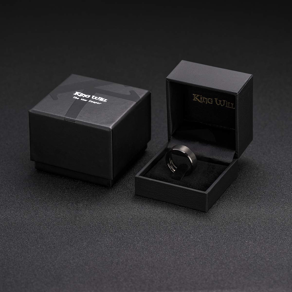 King Will 9mm Men's Black Wedding Ring - Brushed Matte Surface, Beveled Polished Edge, Comfort Fit Size 6