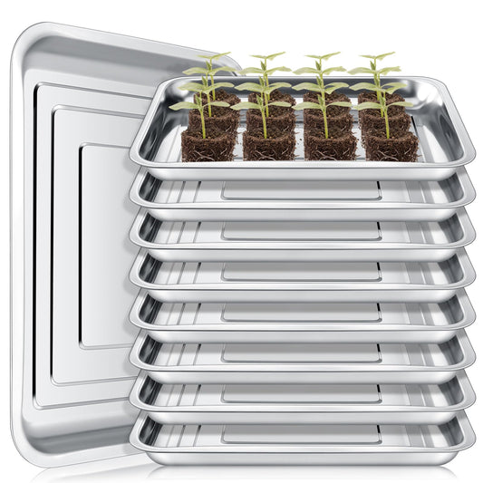 FillTouch 10 Pcs Stainless Steel Seed Starter Tray, Stainless Metal Garden Trays, Nursery Seedling Pots for Collection Transplantation & Propagation Flats, No Drain Holes(10.6 x 7.9 x 1.4 Inch)
